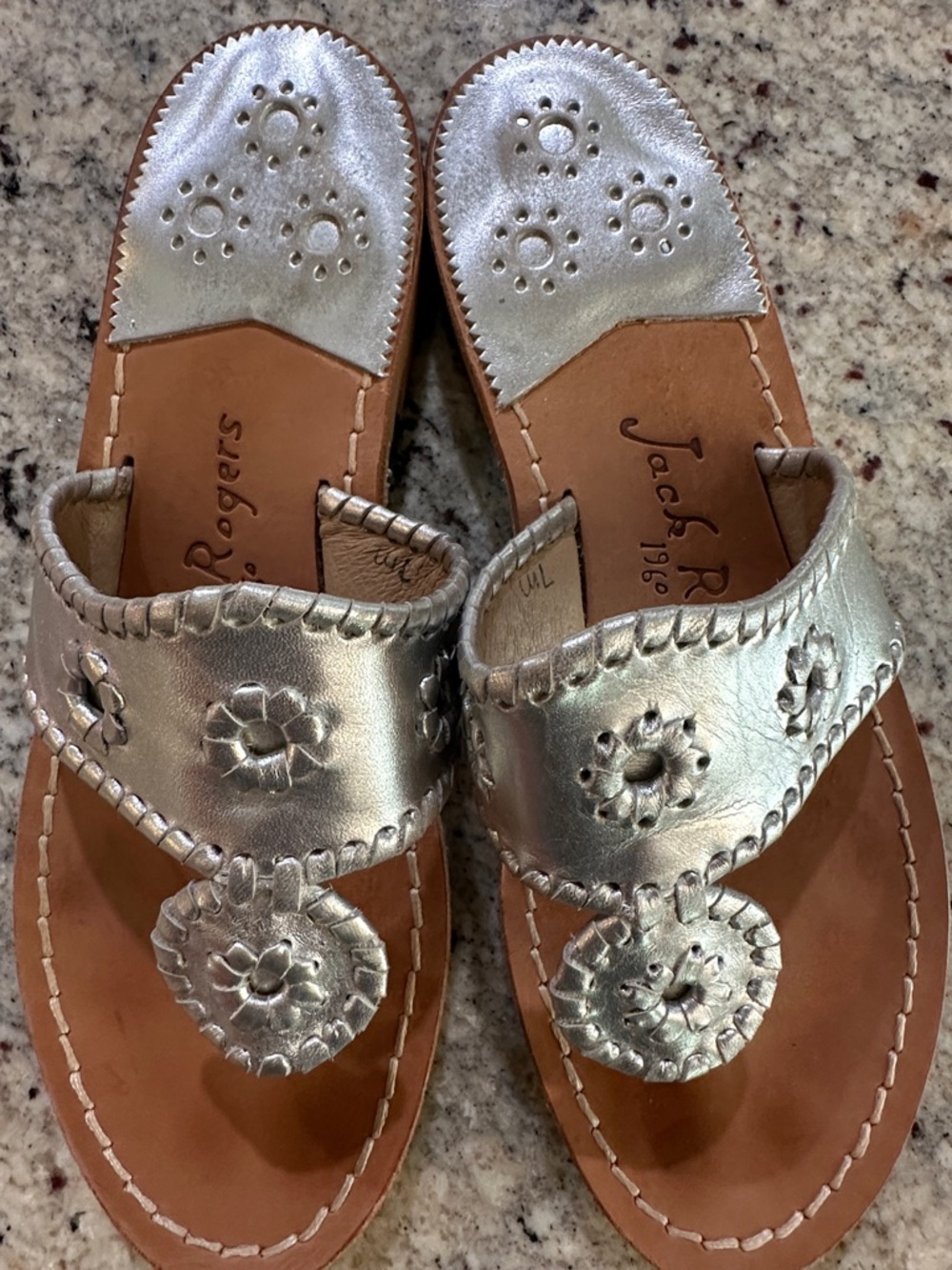 Jack Rogers Metallic Silver Whipstitch Flower Sandals